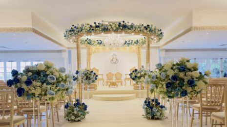 Asian wedding setup in the Grand Ballroom at Froyle Park. This setup is for a Hindu wedding ceremony and features a mandap. Froyle Park specialises in Dry Hire weddings on an exclusive-use basis, with capacity of up to 300 guests in our Grand Ballroom.
