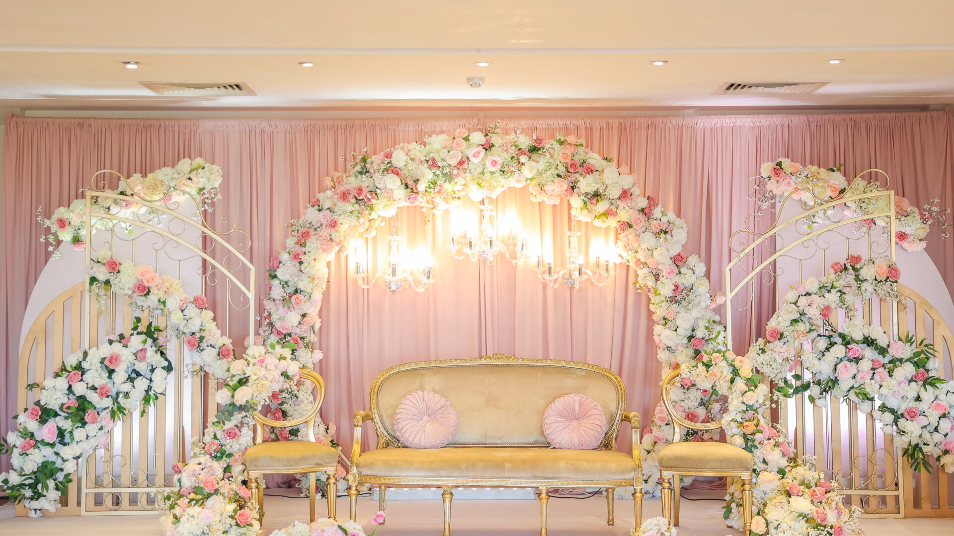 Pakistani wedding stage setup for a Muslim Walima in Froyle Park's Grand Ballroom.