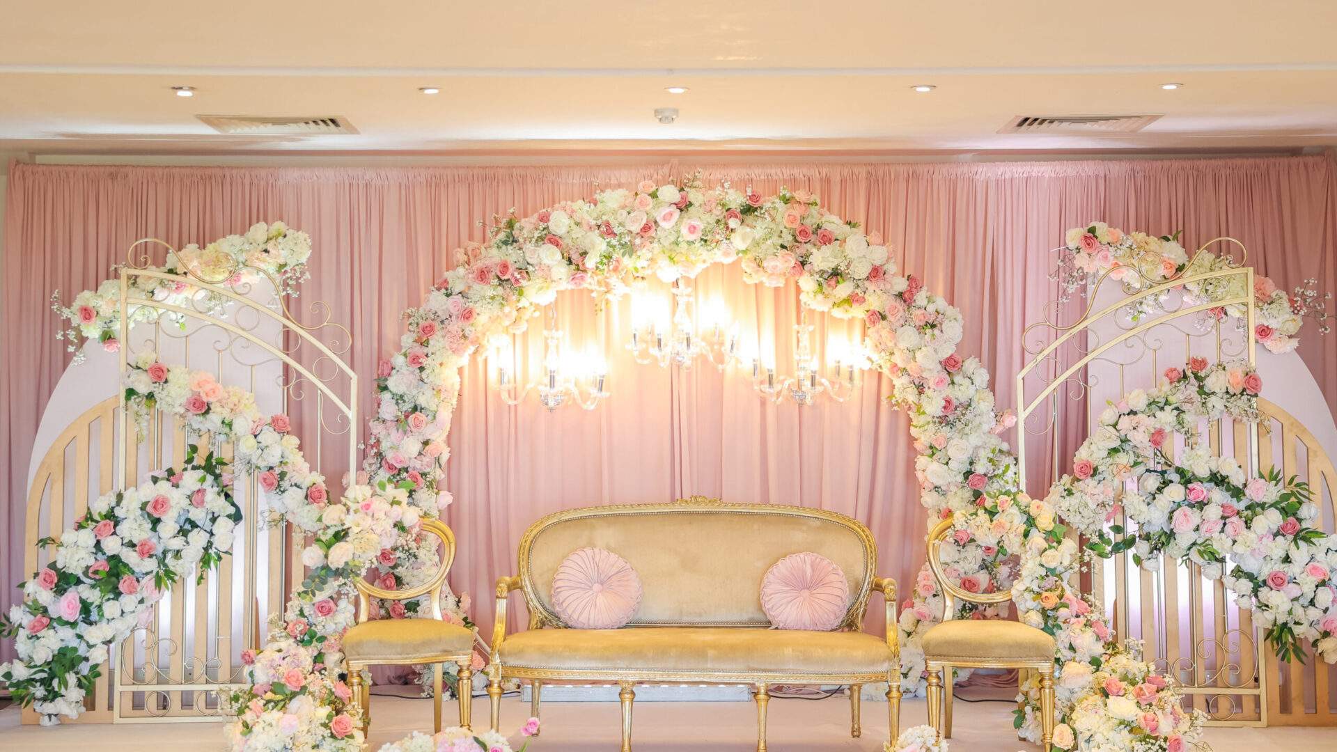 Pakistani wedding stage setup for a Muslim Walima in Froyle Park's Grand Ballroom.