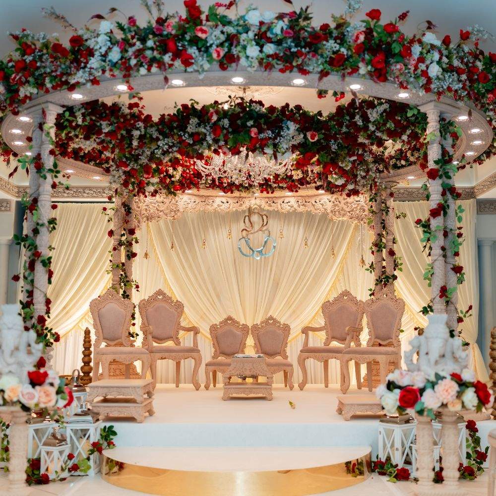 A Hindu Mandap setup for a dry hire Asian wedding in Froyle Park's Grand Ballroom