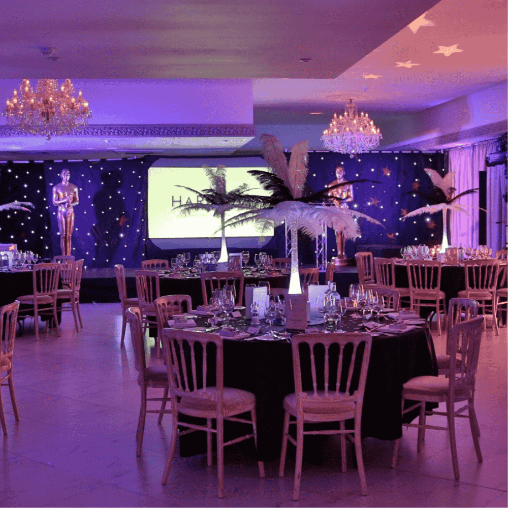 An elegant dinner table set up for 150 people in the Grand Ballroom at Froyle Park