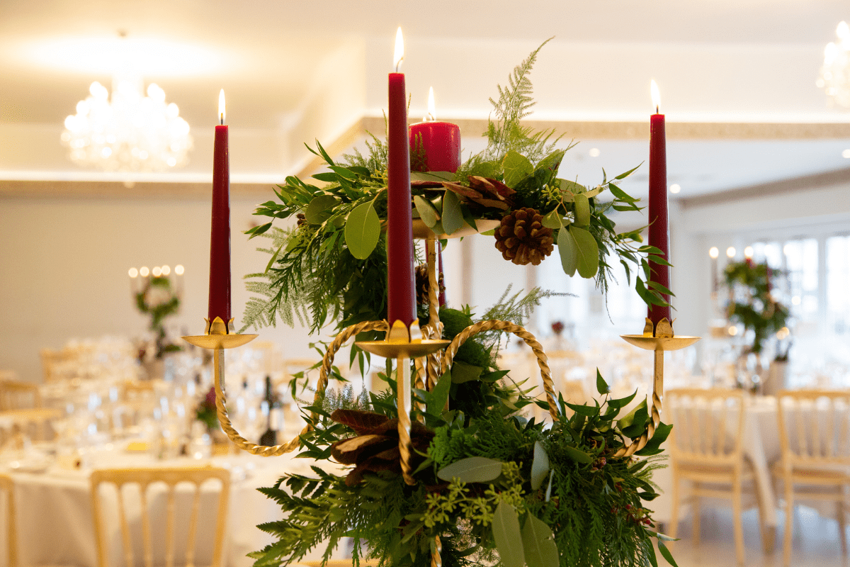 The Grand Ballroom at Froyle Park dressed for a beautiful festive celebration