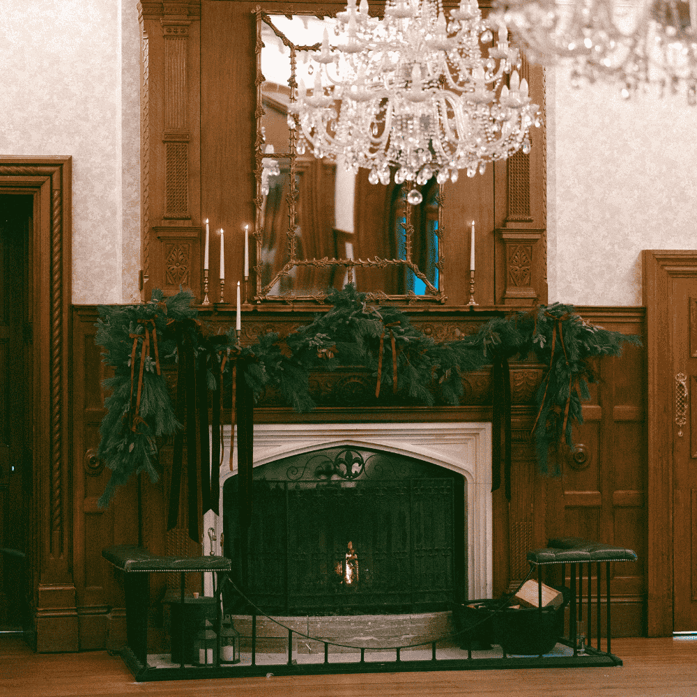 A Cost Fire roars in the Great Hall at Froyle Park