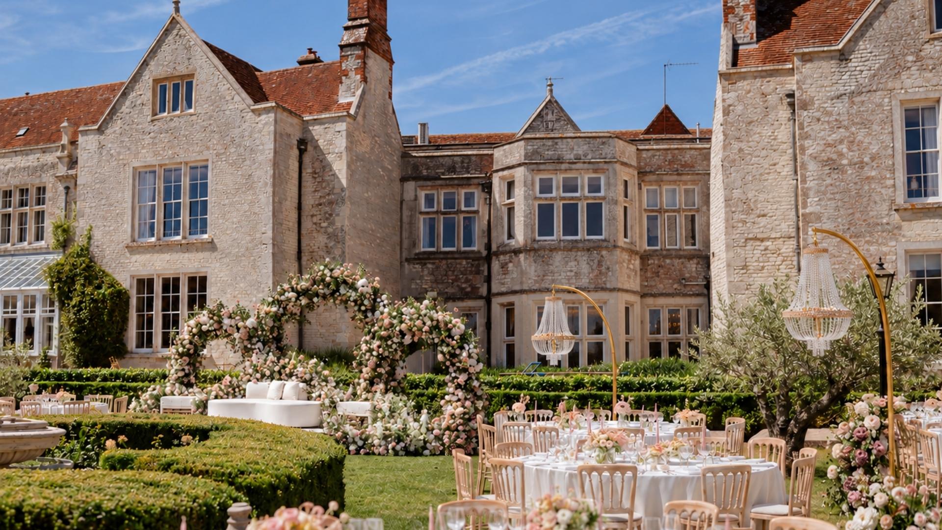 A beautiful outdoor wedding reception at Froyle Park, int he shadow of the historic Jacobean Manor